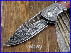VG10 Damascus Rose Wood Knife Folding Pocket Gift Outdoors Belt Clip Rare VP18