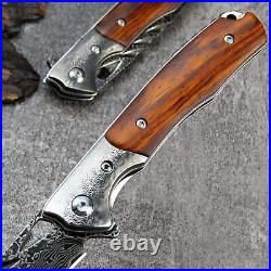VG10 Damascus Rose Wood Knife Folding Pocket Gift Outdoors Belt Clip Rare VP24