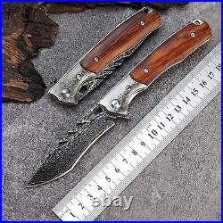 VG10 Damascus Rose Wood Knife Folding Pocket Gift Outdoors Belt Clip Rare VP24