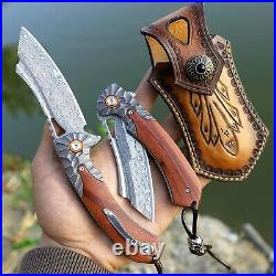 VG10 Damascus Rose Wood Knife Folding Pocket Gift Outdoors Belt Clip Rare VP31