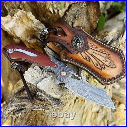 VG10 Damascus Rose Wood Knife Folding Pocket Gift Outdoors Belt Clip Rare VP31