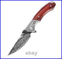 VG10 Damascus Rose Wood Knife Folding Pocket Gift Outdoors Belt Clip Rare VP55