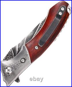 VG10 Damascus Rose Wood Knife Folding Pocket Gift Outdoors Belt Clip Rare VP55