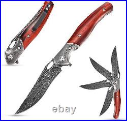 VG10 Damascus Rose Wood Knife Folding Pocket Gift Outdoors Belt Clip Rare VP56