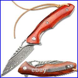 VG10 Damascus Rose Wood Knife Folding Pocket Gift Outdoors Belt Clip Rare VP61