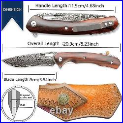 VG10 Damascus Rose Wood Knife Folding Pocket Gift Outdoors Belt Clip Rare VP62