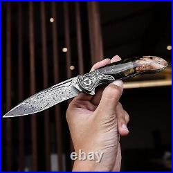 VG10 Damascus Rosewood & Resi Pocket Knife Folding Dama Damask Gift Outdoor NR42