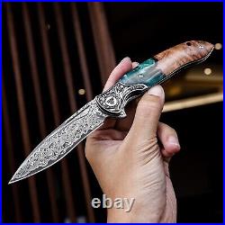 VG10 Damascus Rosewood & Resi Pocket Knife Folding Dama Damask Gift Outdoor NR43