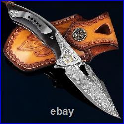 VG10 Damascus Sandal Wood Knife Folding Pocket Gift Outdoors Belt Clip NR02