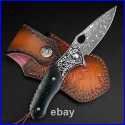 VG10 Damascus Sandal Wood Knife Folding Pocket Gift Outdoors Belt Clip Rare NR07