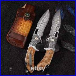 VG10 Damascus Steel Pocket Knife White Shadow Wood Handle, Ball Bearing Fold