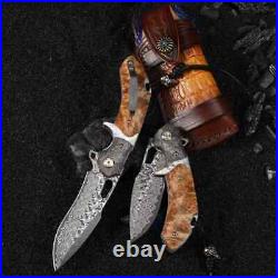 VG10 Damascus Steel Pocket Knife White Shadow Wood Handle, Ball Bearing Fold