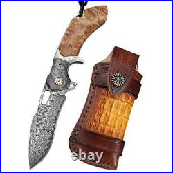 VG10 Damascus Steel Pocket Knife White Shadow Wood Handle, Ball Bearing Fold