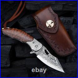 VG10 Japanese Damascus Folding Knife Nakewood Handle With Leather Sheath Camping
