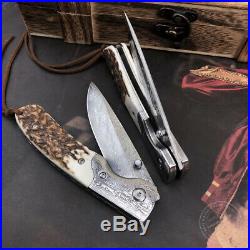 Vg10 Core Damascus Hunting Camping Army Rescue Folding Pocket Knife Sheath Horn