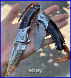 Vg10 Damascus Folding Knife Pocket Flipper Knife With Leather Sheath Rescue Edc