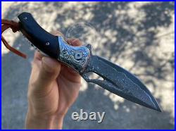 Vg10 Damascus Folding Knife Pocket Flipper Knife With Leather Sheath Rescue Edc