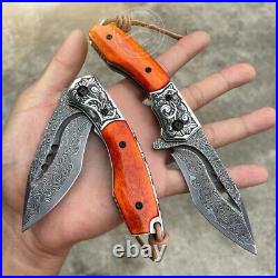 Vg10 Damascus Hunting Knife Folding Camping Army Rescue Tool Combat Flipper Bone