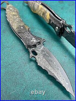 Vg10 Damascus Hunting Knife Survival Folding Pocket Knife Ball Bearings Withsheath