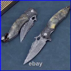 Vg10 Damascus Hunting Knife Survival Folding Pocket Knife Ball Bearings Withsheath