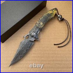 Vg10 Damascus Hunting Knife Survival Folding Pocket Knife Ball Bearings Withsheath