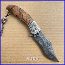 Vg10 Damascus Hunting Survival Folding Pocket Knife Wood Ball Bearing With Sheath
