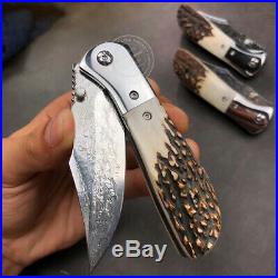 Vg10 Damascus Steel Folding Knife Rescue Tactical Ball Bearing Stag Horn Handle