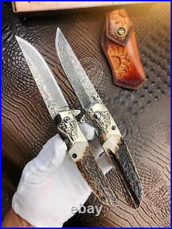Vg10 Folding Knife Damascus Hunting Camping Rescue Pocket Knife Sheath Horn Gray