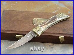 Vintage 1980 Browning Germany Sambar Stag Damascus Steel Lock Back Folding Knife