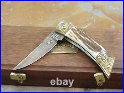 Vintage 1980 Browning Germany Sambar Stag Damascus Steel Lock Back Folding Knife