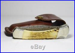 Vintage Buck 110 Pocket Folding Knife USA Huneer DAMASCUS BLADE Stag Handle