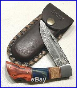 Vintage Custom Damascus Pocket Folding Lockback Dagger Knife Leather Sheath