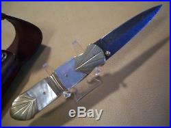 Vintage Damascus Folding Knife With Pearl Handles & Belt Sheath, Beautiful