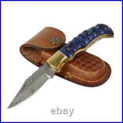Vintage Gentlemen Grooved Lockback Damascus Steel Folding Pocket Knife Blue