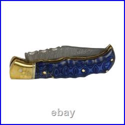 Vintage Gentlemen Grooved Lockback Damascus Steel Folding Pocket Knife Blue