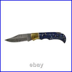 Vintage Gentlemen Grooved Lockback Damascus Steel Folding Pocket Knife Blue