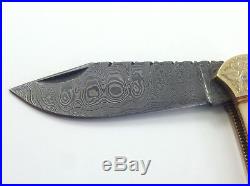 Vintage Hand Made Damascus Folding Pocket Knife Mother of Pearl inlay MOP