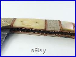 Vintage Hand Made Damascus Folding Pocket Knife Mother of Pearl inlay MOP