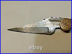 Vtg Handmade Folding Knife Damascus Blade And Scales With Sheath Feather Knife