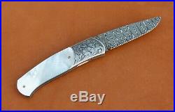 W. E. Ankrom Liner Lock Folding Knife. Damascus Blade. James Blair Engraving