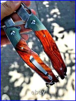 Wharncliffe Folding Knife Pocket EDC Hunting Tactical Damascus Steel Wood Handle