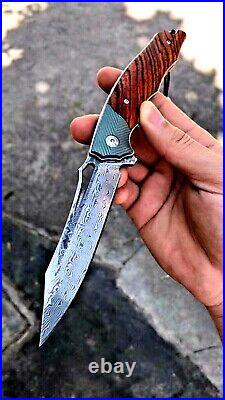 Wharncliffe Folding Knife Pocket EDC Hunting Tactical Damascus Steel Wood Handle
