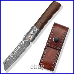 Wharncliffe Folding Knife Pocket Hunting Survival Damascus/SKD11 Steel Wood Bone