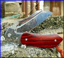 Wharncliffe Folding Knife Pocket Hunting Tactical Survival Damascus Steel Wood S