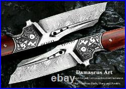 Wharncliffe Folding Knife Pocket Hunting Tactical Survival Damascus Steel Wood S