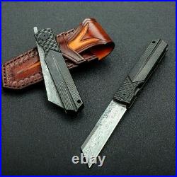Wharncliffe Knife Folding Pocket Hunting Survival Damascus Steel Titanium Handle