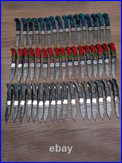 Wholesale Lot of 50 Damascus Steel Folding Pocket Knives Handmade Back Lock