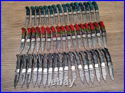 Wholesale Lot of 50 Damascus Steel Folding Pocket Knives Handmade Back Lock