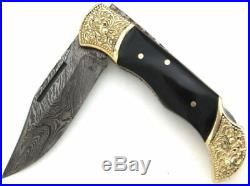 Wild Turkey Handmade Damascus Steel Collection Engraved Brass Folding Knife