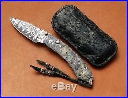 William Henry Interframe Button Lock Folding Knife Damascus Mammoth Tooth Inlays